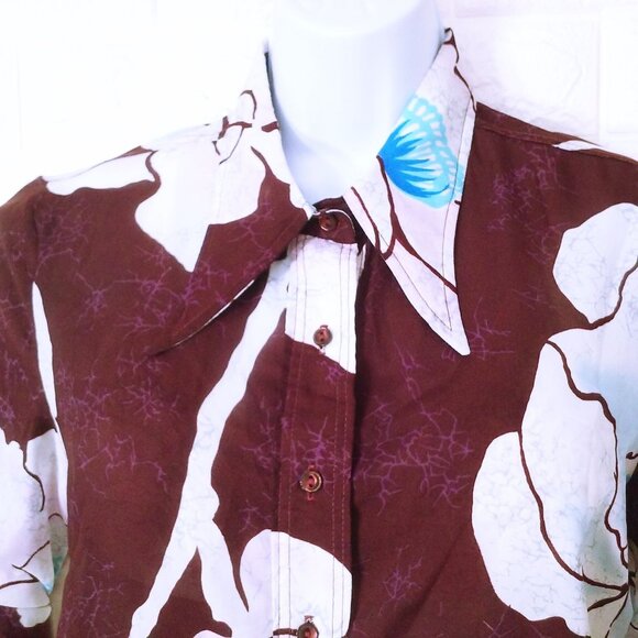 Vintage 70s Loubella Semi-Sheer Shirt Shacket -M Pockets Vents Tropical Floral - Picture 4 of 10